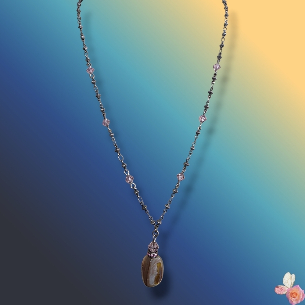 Liz Palacios SF Artisan Banded Agate Pendant Necklace Purple Crystal Accents